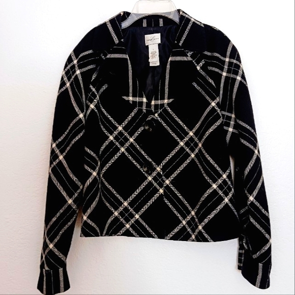 WOOL Career Jacket Black White French Styled Boxy Short Blazer Geometric Sz 8 - Picture 8 of 17